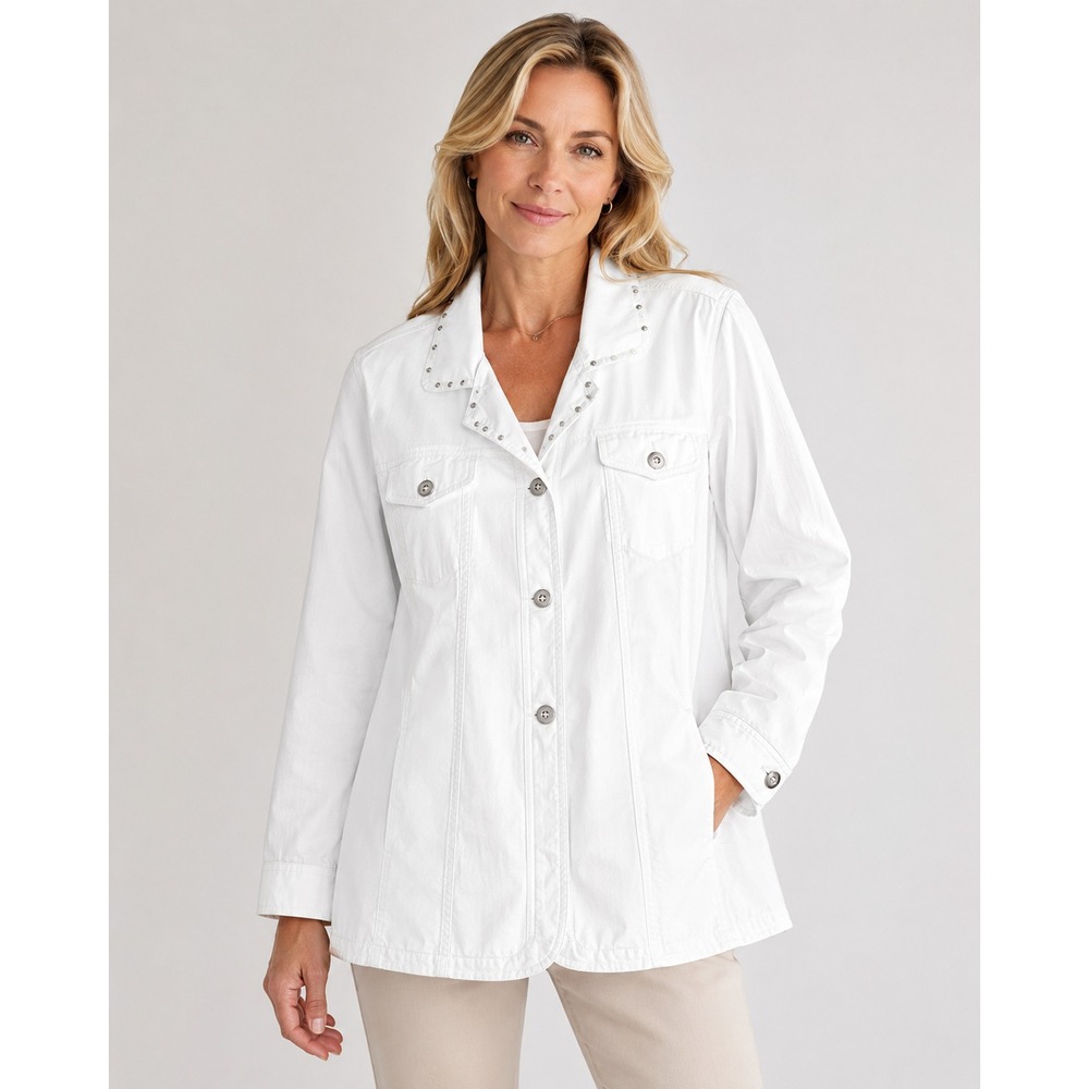Hearts of Palm Woman White Denim Jacket Pearl Stud Collar Plus 22W 3/4 Sleeve